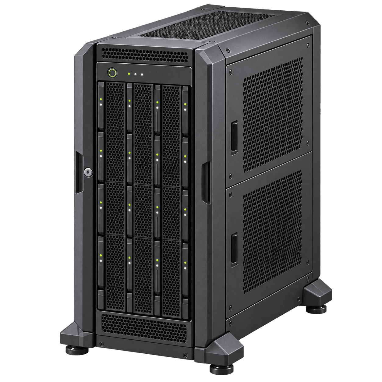 A floor-standing graphite enterprise AI compute appliance with hot-swap bays and redundant infrastructure cues